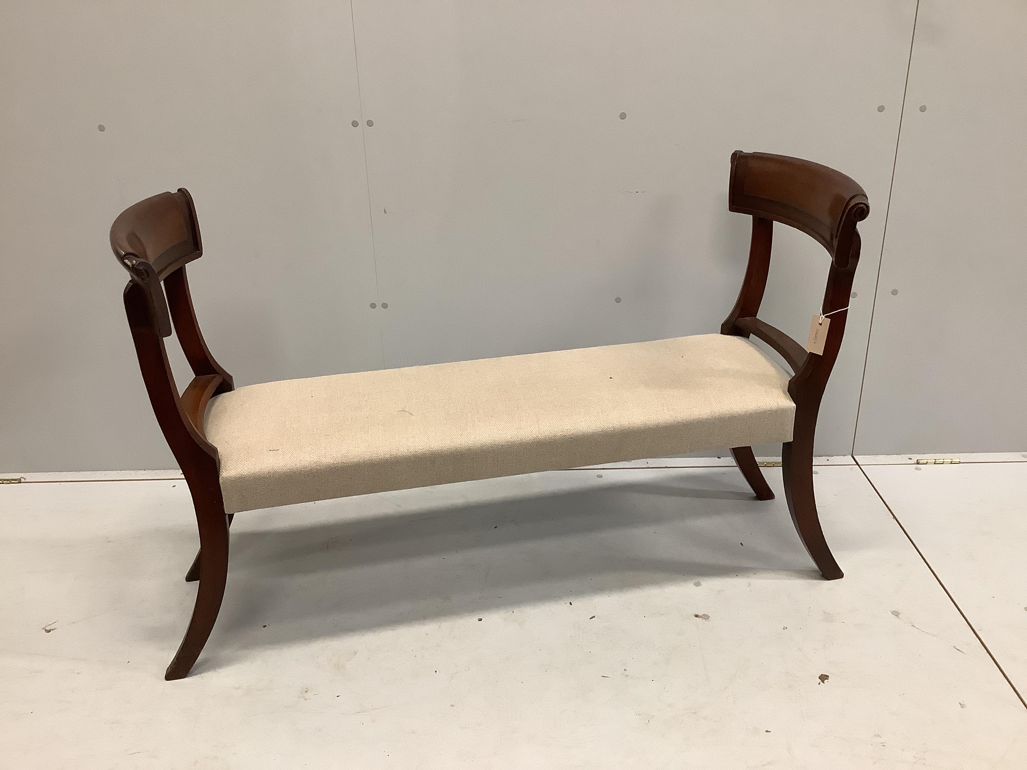 A Victorian style upholstered mahogany window seat, incorporates old timber, width 130cm, depth 50cm, height 82cm
